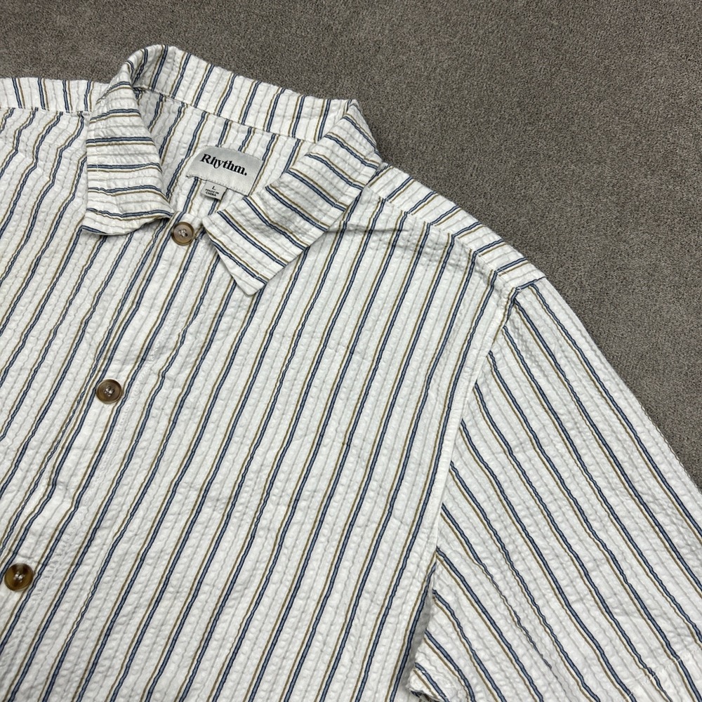 Rhythm Shirt Mens Large White Stripe Short Sleeve Seersucker Button Up Casual